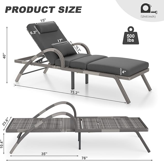 MEISSALIVVE Outdoor Lounge Chairs Set of 4, Patio Chaise Loungers with Adjustable 5 Position & Leg Support, PE Rattan Chaise Lounge, Wicker Pool Recliners Chair for Backyard, Porch, Deck, （Grey
