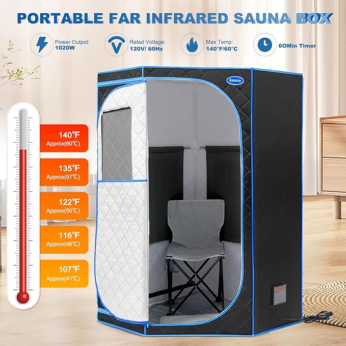 Portable Full Size Infrared Sauna for Home,Pentagonal Size Far Infrared Sauna,One Person Sauna Tent with Heating Foot Pad, Portable Chair, (L38 x W38 x H63, Black)