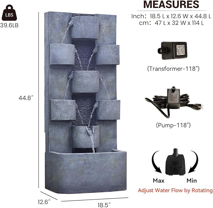 44.8" H Modern Outdoor Water Fountain with LED Lights and Pump, Mutiply-Tier Standing Cascading Waterfall - Modern Design for Garden,Patio,Yard, Multi-Level Outdoor Decor (Gray)