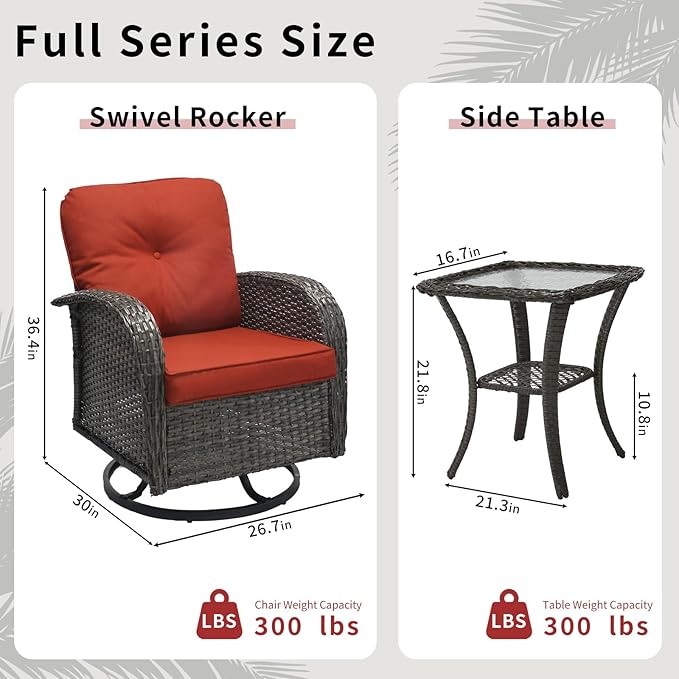 3 Pieces Patio Furniture Set, Outdoor Swivel Rocking Chair Set of 2 with Side Table - 360° Swivel, Thick Cushions, All-Weather Bistro Set for Deck, Porch, Pool(Wine Red, Grey Full-Weave Rattan)