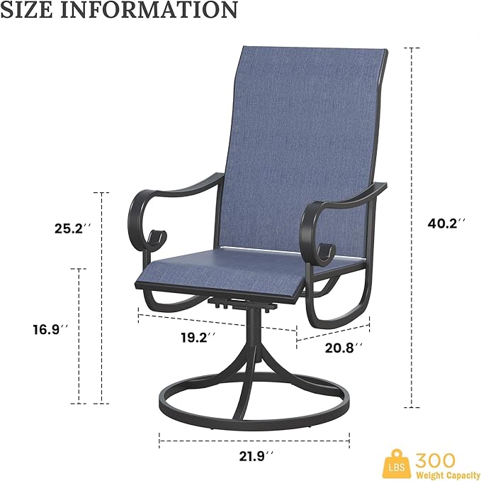 VICLLAX Swivel Patio Chairs Set of 6, 360-degree All-Weather Outdoor Swivel Chairs for Lawn Garden, Patio Dining Chairs, Black Metal Frame and Blue Textilene Mesh Fabric