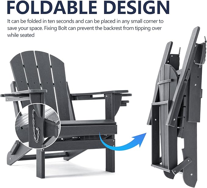Folding Adirondack Chair, HDPE Outdoor Texture Lawn Chair with Reclining Back, Cup and Phone Holder - Comfortable Firepit Chair Weather Resistant for Patio or Backyard (Grey, Set of 2)