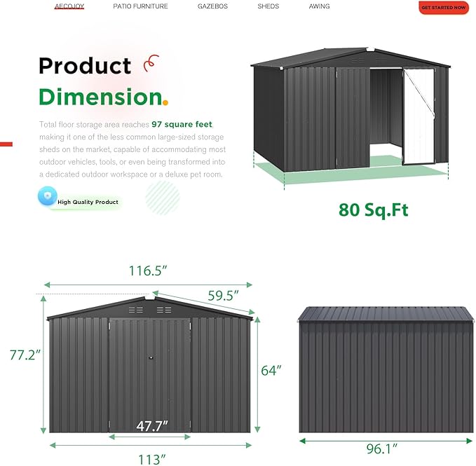 AECOJOY Shed 8' x 10' Outdoor Storage Metal Shed, Dark Grey Steel Yard Shed with Design of Lockable Doors, Utility and Tool Storage for Garden, Backyard, Patio, Outside use