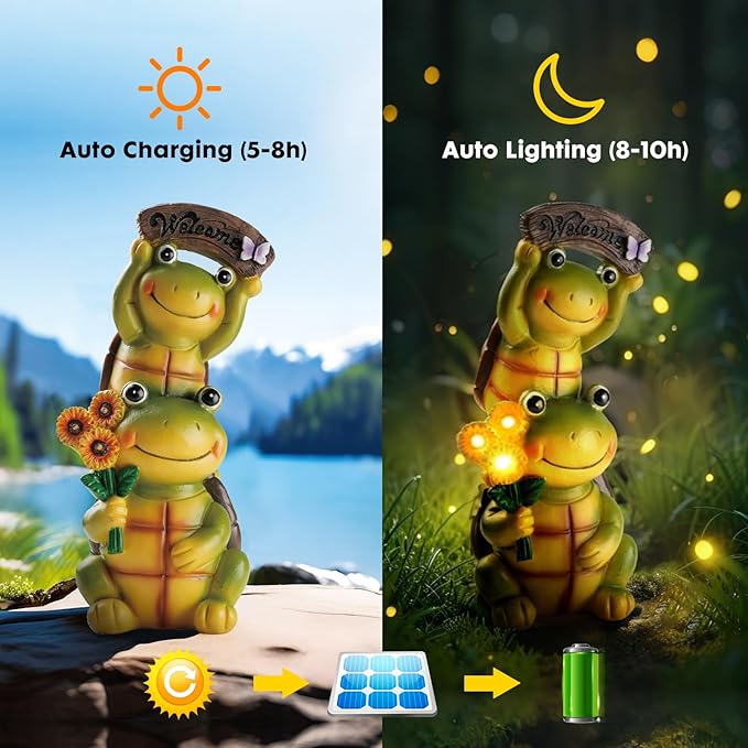 Garden Turtle Outdoor Statues, Solar Garden Statue Two Sweet Frog Face Turtles Decor with 3 LED Lights, for Patio Lawn Porch Yard,Gifts for Birthday, Easter, Housewarming