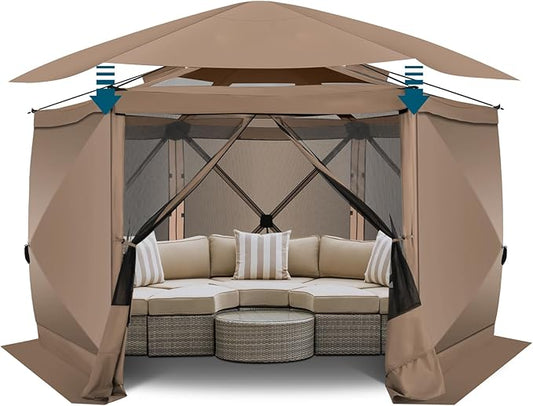 COBlZl 12x12 pop up Gazebo on Clearance Screen Canopy Tent for Camping,Outdoor Instant Stargazing Gazebo,Portable Hub Tent with Removable Sidewalls,Pavilion for Backyard,Khaki