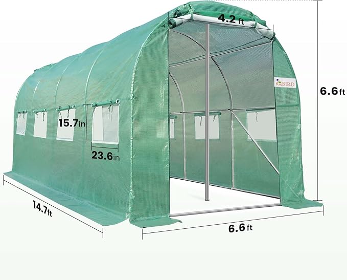 KING BIRD Premium 15x6.6x6.6FT Greenhouse for Outdoors, Large Walk-in Heavy Duty Galvanized Frame, Screen Mesh Door Window Reinforced Zipper Tunnel Hoop for Garden Plant Winter, Green