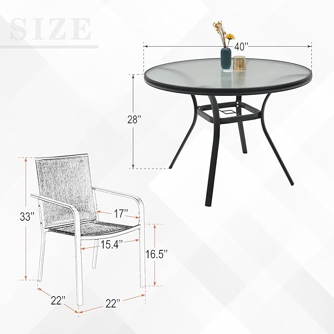 5-Piece Outdoor Patio Dining Set, 40-Inch Round Glass Table with 4 Stackable Chairs, Cherry