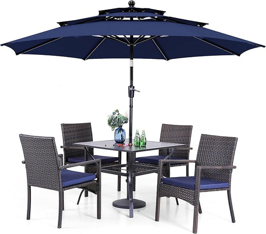 PHI VILLA 5 Piece Outdoor Dining Set with Umbrella, 37" Square Metal Dining Table & Cushioned Rattan Chairs with 10ft Blue Umbrella for Patio, Deck, Yard, Porch