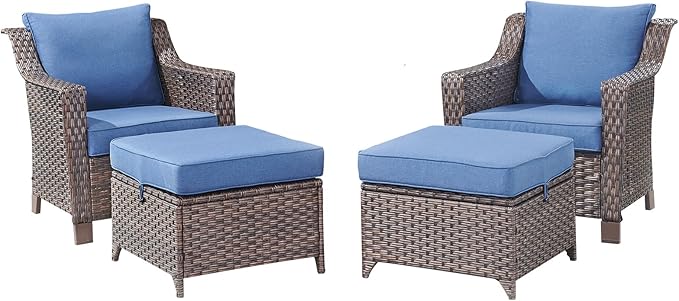 Outdoor Wicker Chair Patio Chairs-Rattan Wicker Chairs with Ottomans Patio Conversation Sets for Porch Garden Balcony Backyard Poolside-Brown/Blue