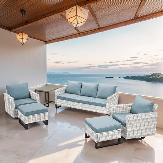 Wicker Patio Furniture Set, 6 PCS Outdoor Patio Furniture Set with Swivel Chairs, Includes 2 Swivel Patio Chairs, 1 Outdoor Couch, 1Side Table and 2 Ottoman, Light Beige/Light Blue