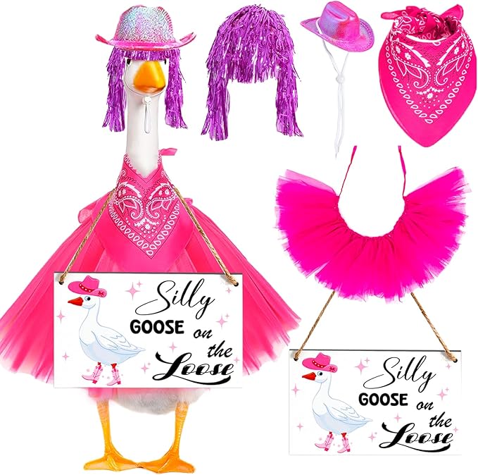 Cowboy Porch Goose Outfit Set for 23" Cement/Plastic Lawn Goose Statue - Silly Goose on The Loose Sign with Hat, Bandana, Lace Tutu Skirt Funny Wigs for Garden Party Yard Outdoor Decor