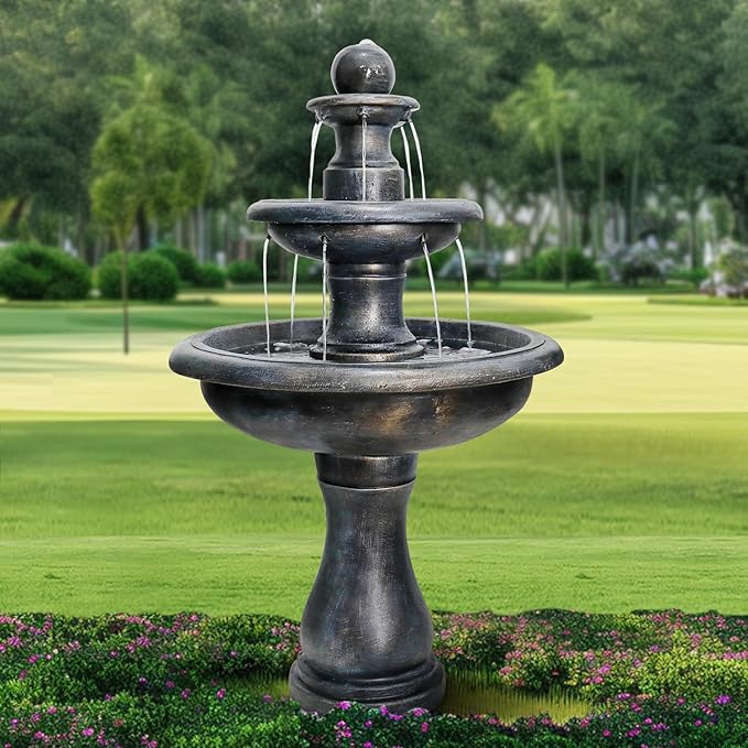 45.2” H Outdoor Floor Water Fountain, 3-Tiers Concrete Water Fountain with Submersible Electric Pump - Garden Cascading Waterfall for Yard Patio Lawn Home Decor