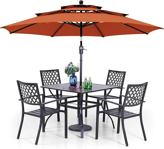 PHI VILLA Outdoor Dining Set 6 PCS with 10ft 3-Layer Round Umbrella(Orange Red),1 Square 37"x 37"Dining Table,4 Bistro Chairs& 10ft Patio Umbrella