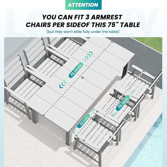 LOUNZY 7 Pieces Patio Dining Sets, 75.2'' Table Outdoor HDPE Furniture Set w/ 2" Hole Cut-Out Dining Table with 6 Patio Chairs for Lawn, Pool and Yard,White