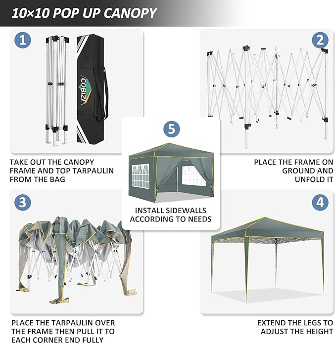 COBIZI 10x10 Pop Up Canopy Party Tents for Parties Waterproof Outdoor Canopy with 4 Sidewalls and 4 Sandbags UV Protection 50+ Commercial Wedding Portable Tent for Backyard, Gray