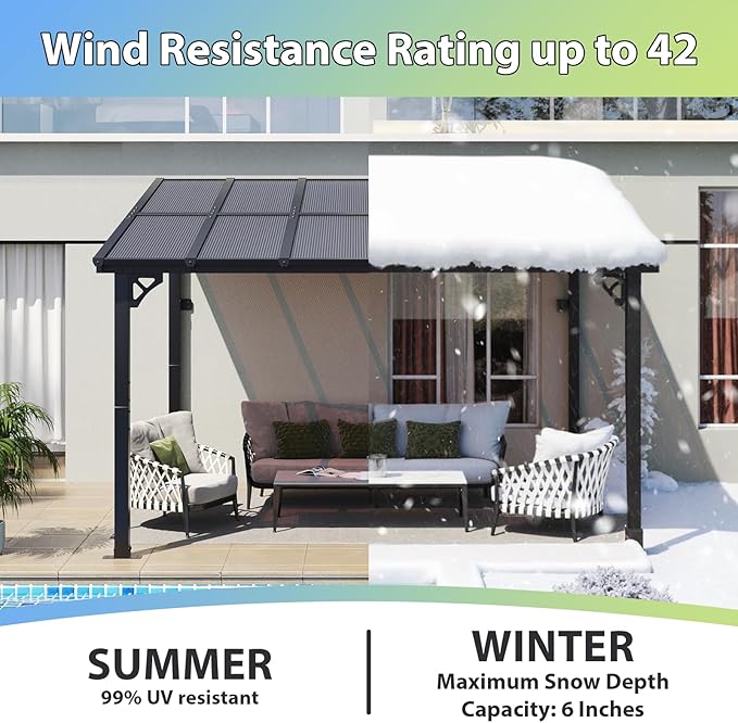 Aoxun 10’x 12’ Premium Gazebo with Aluminum Top Frame & Polycarbonate Panel, Wall Mounted Gazebos Pergola, Outdoor Patio Lean to Gazebo, Awnings with Sloped Roof, for Backyard, Porch, Deck