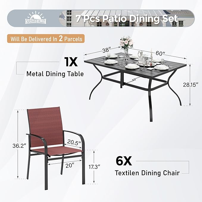 7 Piece Patio Dining Set for 6, Rectangular Metal Dining Table with Umbrella Hole and 6 Chairs, Outdoor Table and Chairs Set for Lawn Backyard and Deck, Red