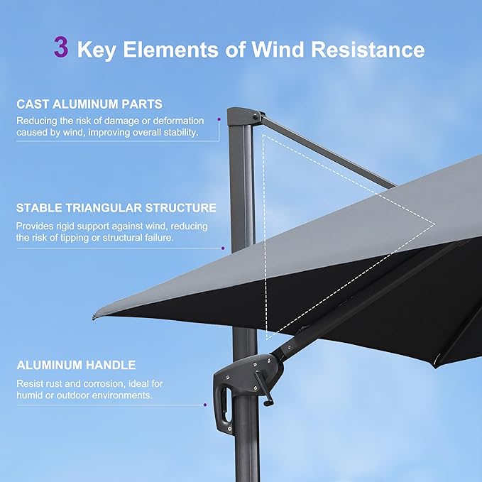 PURPLE LEAF 10ft Patio Umbrella with Base Large Outdoor Square Umbrella Deluxe Hanging Double Top Cantilever Offset Market Umbrella Windproof Garden Umbrella Grey