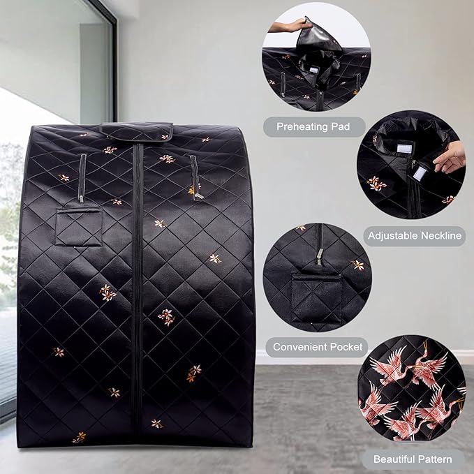 Smartmak Portable Far Infrared Sauna, Full Size 1 Person Sauna SPA Tent at Home, with Heating Foot Pad and Folding Chair - Black