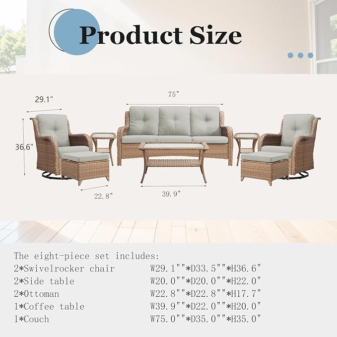 Swivel Rocker Patio Chairs：8 Pieces Patio Swivel Rocker Chairs with Wicker Armrests Patio Swivel Rocking Chair Outdoor Swivel Rocker Patio Chair