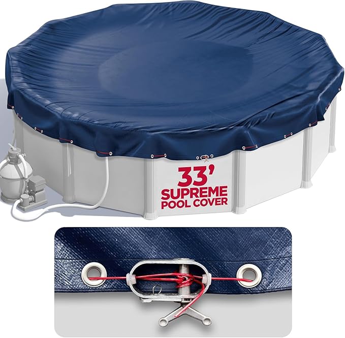 33 ft Round Pool Cover for Above Ground Pools, Above Ground Pool Cover, Swimming Pool Cover, 33 Foot Round Winter Pool Cover, Keeps Out Debris, Cold and UV Resistant, Supreme Mesh, Navy Blue