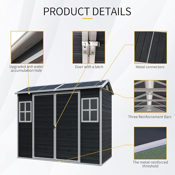 8 x 4 FT Outdoor Storage Shed, Outdoor Resin Shed with Two-Window and Double-Door, Plastic with Floor for Gargen, Patio, Yard, Lawn (Black)