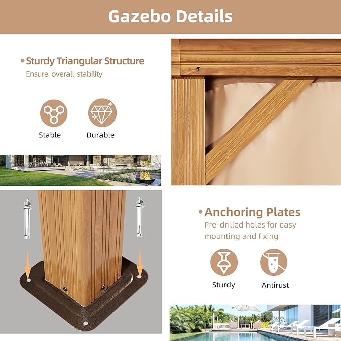MELLCOM 10'x12' Hardtop Gazebo, Wooden Finish Coated Aluminum Frame Canopy with Galvanized Steel Roof, Outdoor Metal Gazebos with Curtains and Nettings for Patio, Backyard, Deck and Lawns