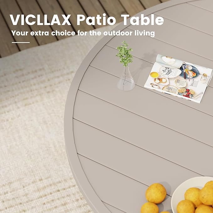 VICLLAX Outdoor Patio Round Dining Table, 47"x 47" Metal Slatted Round Tabletop with Adjustable Umbrella Hole for Deck Lawn Garden Backyard, Sandshell