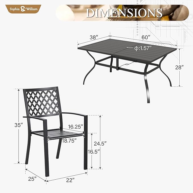 Sophia & William Patio Dining Set Metal Outdoor Table and Chairs Furniture Set 7 Piece, Large 60.2" Dining Table with Umbrella Hole and 6 Backyard Garden Chairs Support 300LBS for Deck, Lawn, Garden