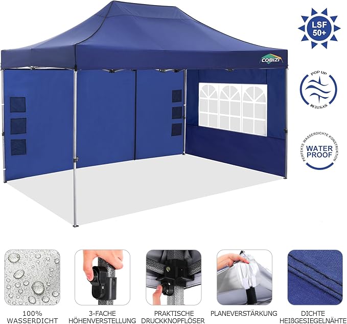 COBIZI 10x15 Pop up Canopy Tent 10x15 Canopy with 4 Sidewalls Waterproof Heavy Duty Commercial Canopy Tent for Parties Outdoor Tent Garden Gazebo Tent, Carry Bag(10x15ft, Dark Blue)