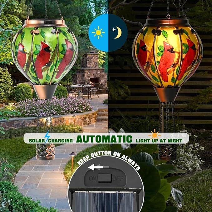 Hot Air Balloon Solar Lantern - Large Cardinal Bird Glass Lantern, Simulated Flickering & Dancing Flame, Big Outdoor Hanging Yard Light Waterproof IP65 for Patio Lawn Porch Decor Gift