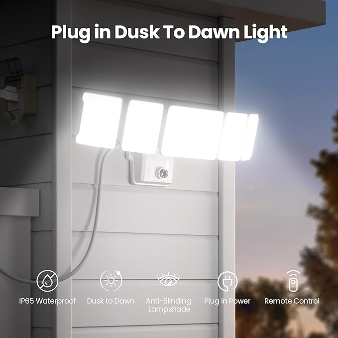 Olafus 120W Plug in Flood Lights Dusk to Dawn LED Outdoor Light with Remote, 5 Adjustable Heads IP65 Waterproof LED Security Light with Photocell for Yard Garden Porch White