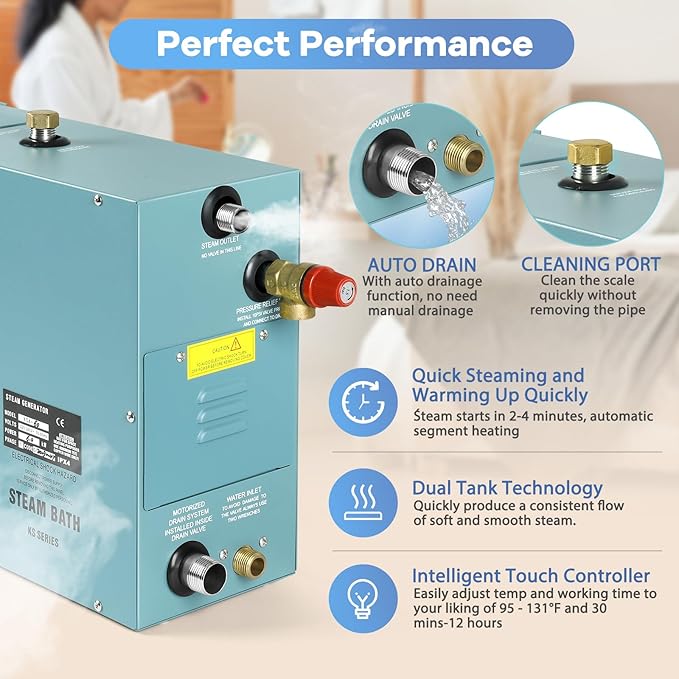 Kooby 6KW Luxury Self-draining Steam Generator Shower Sauna Bath Home Steam Bath Spa Generator with Waterproof Control and Auto Drain 95-131℉ for Max Space Heating 6 m³ (215 ft3)