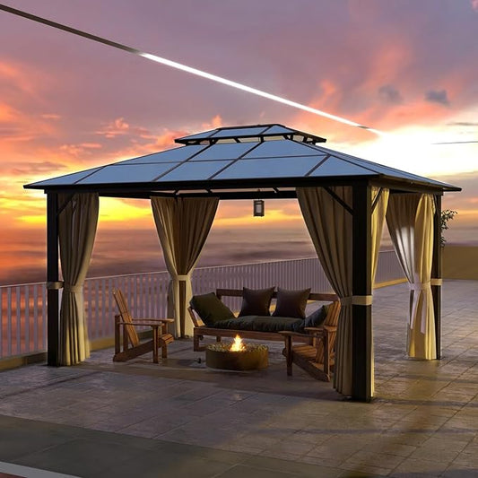 Hardtop Gazebo, 10FTx12FT Polycarbonate Double Top Canopy, Aluminum Frame Permanent Pavilion with Curtains and Netting, for Lawns, Patios, Gardens