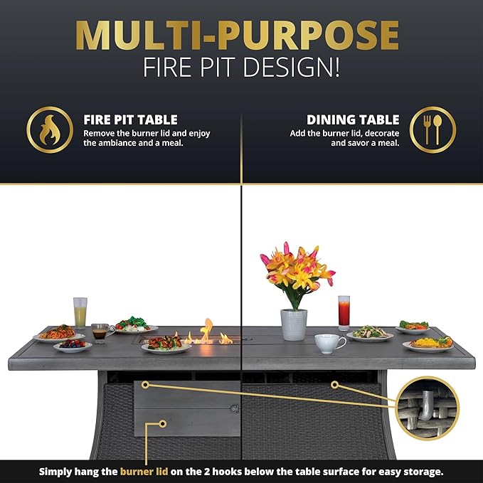 Outdoor Patio Furniture Set With Propane Fire Pit 50,000 Btu 7 Pieces 76" Dining Table Rattan Swivel Chairs Include Cushions Lid And Weather Cover Csa Certified for Garden Backyard Conversations Grey
