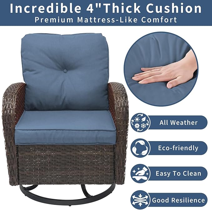3 Pieces Patio Furniture Set, Outdoor Swivel Rocking Chair Set of 2 with Side Table - 360° Swivel, Thick Cushions, All-Weather Bistro Set for Deck, Porch, Pool(Navy, Brown Full-Weave Rattan)