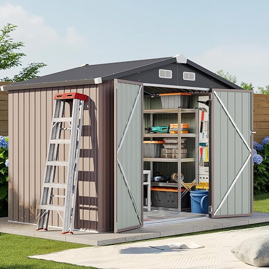 8x6 FT Outdoor Storage Shed with Base & Lockable Double Doors, Heavy-Duty Galvanized Steel Outdoor Metal Shed for Bike, Tool, Generator Storage in Backyard, Patio (8’x6’, Base)