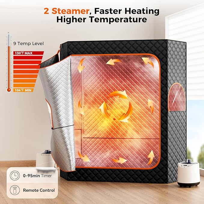 2 Person Sauna, Upgraded Large Sauna Box, Portable Steam Sauna for Home with 2 Steamer, 2 Folding Chair, Black