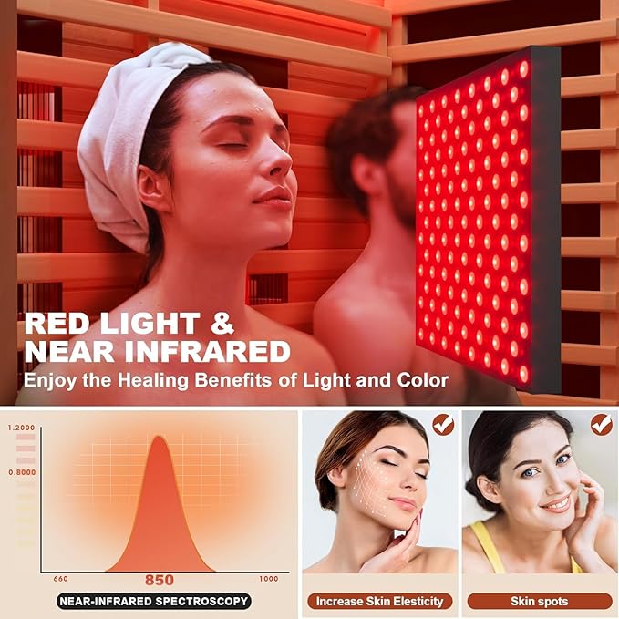 MEISSALIVVE Full Spectrum Sauna for Home, 1~2 Person Indoor Infrared Sauna Room with 10 Minutes Warm-up Heate, Canadian Hemlock Wood Home Infrared Sauna with Bluetooth and Tempered Glass