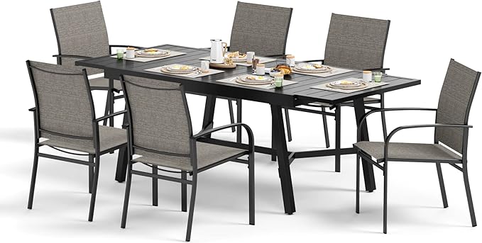 Outdoor Dining Chairs Brown Set of 6,61.4x37.4x29.5” Rectangular Dining Table（Extendable）,Patio Dining Set 7 PCS,Patio Dining Set for Outdoor Kitchen Lawn Garden,Bistro,Deck.