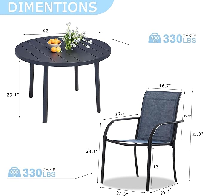 5 Pieces Round Dining Table Set for 4, Patio Dining Set Includes 4 Dark Blue Stackable Patio Chairs and 1 Black Round Table, Patio Furniture Setss with Sling Support for Outside, Garden