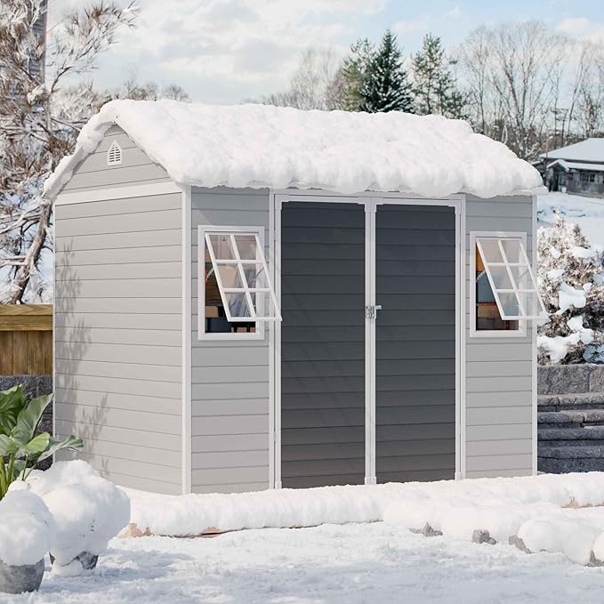 8x6 Shed, Heavy-Duty Outdoor Storage Shed with Floor, Waterproof Plastic Resin Garden Shed for Backyard, Tool Storage with Lockable Double Doors & Awning Windows