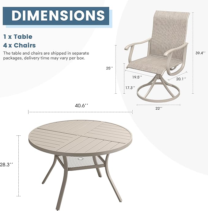 DIFY 5 Pieces Outdoor Patio Dining Set, 4 Sandshell Textilene Swivel Dining Chairs and 40.6" Sandshell Round Metal Dining Table, Outdoor Table and Chairs