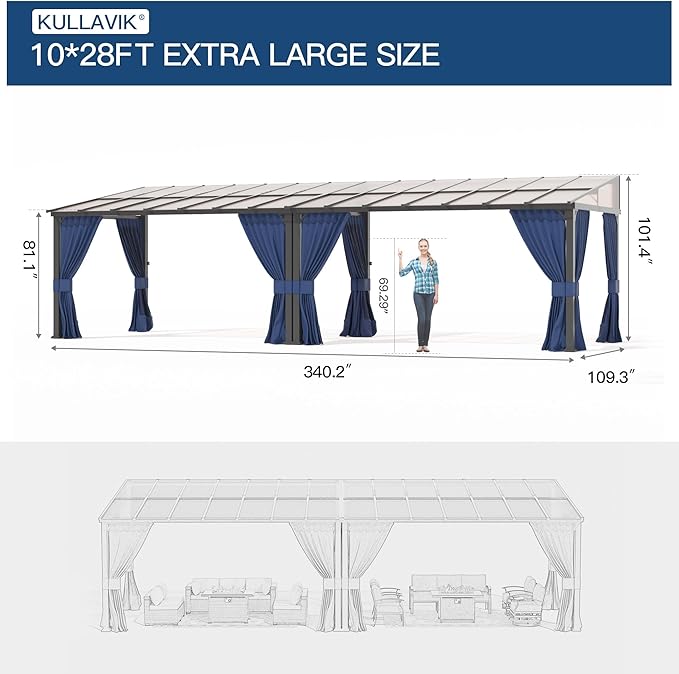 Kullavik 10' × 28' Hardtop Gazebo for Patio,Wall-Mounted Lean to Gazebo Pergola with Sloping Roof and Durable Aluminum Frame,Large Heavy Duty Awnings for Decks,Backyard,NavyBlue