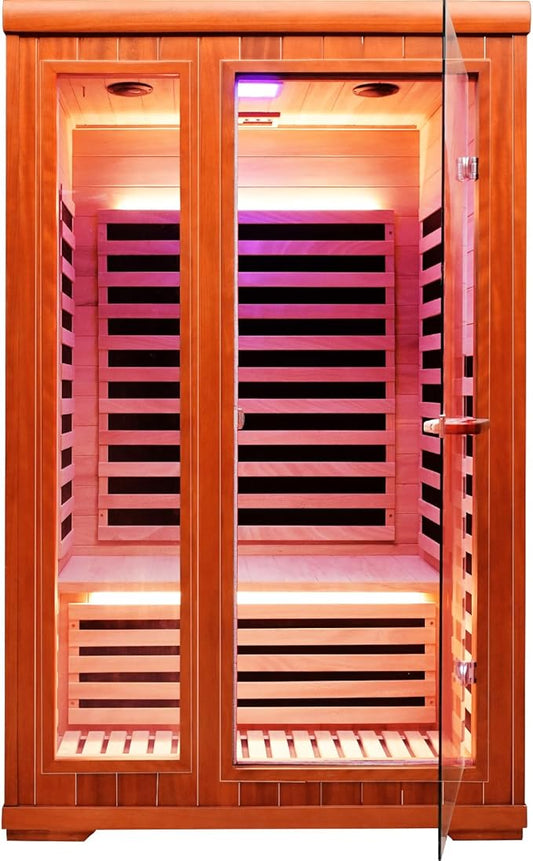Sauna Infrared Sauna 2 Person Sauna Room Far Infrared for Sauna Home Indoor 1880W/110V Low-EMF Wood Okoume Dry Sauna Two Person Sauna with Air Hole, 7 Color Therapy, Speaker - 47.2 * 41.3 * 74.8 in