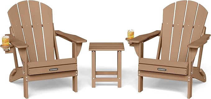 MUCHENGHY Folding Adirondack Chairs and Table Set, Outdoor Chair, Adirondack Chair Plastic, Fire Pit Chair, Weather Resistant with Cup Holder for Deck, Backyard, Garden(Teak, 3-Piece)