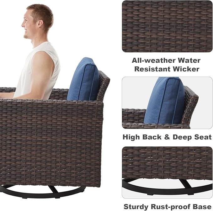 Wicker Patio Furniture Set：7 Piece Outdoor Patio Furniture Set with 2 Swivel Patio Chairs 2 Single Chairs a Coffee Table and 2 Ottomans, Brown Wicker/Blue Cushion