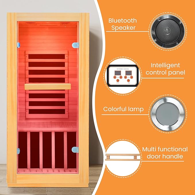 Far Infrared Sauna Home Sauna Room Canadian Hemlock Indoor 1 Person Sauna 900W 110V with Red Light Bluetooth Speakers 28.35"x32.28"x61.42"