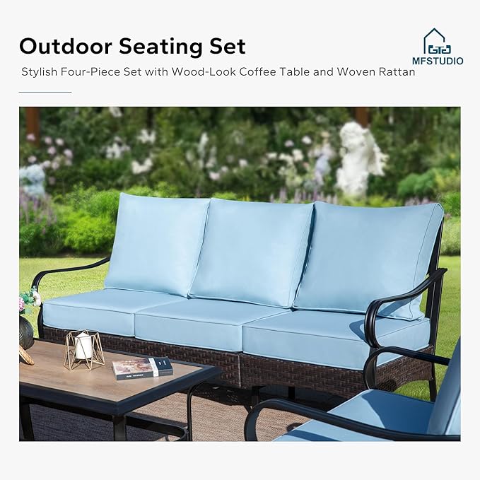 MFSTUDIO 5 PCS Outdoor Patio Furniture Set, Metal Outdoor Conversation Set, Rattan Wicker Patio Sectional Sofa Set with 2 x Fixed Single Sofa, 2-Seat and 3-Seat Sofa, 1 x Coffee Table, Blue