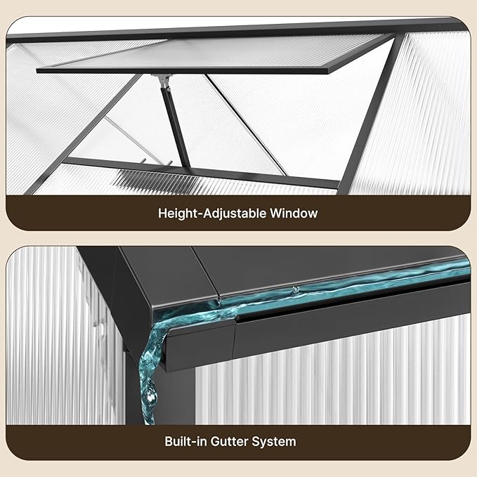 Gizoon 8x6 FT Outdoor Greenhouse, Polycarbonate Walk-in Garden House with Adjustable Roof Vent & Sliding Door, Aluminum Frame Garden Plant House for Backyard, Patio and Gardening (Black)